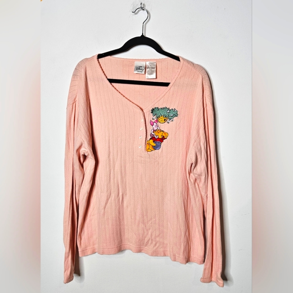 VTG DISNEY embroidered POOH‎ PIGLET Peach Longsleeve Top Cartoon Y2K Womens XL